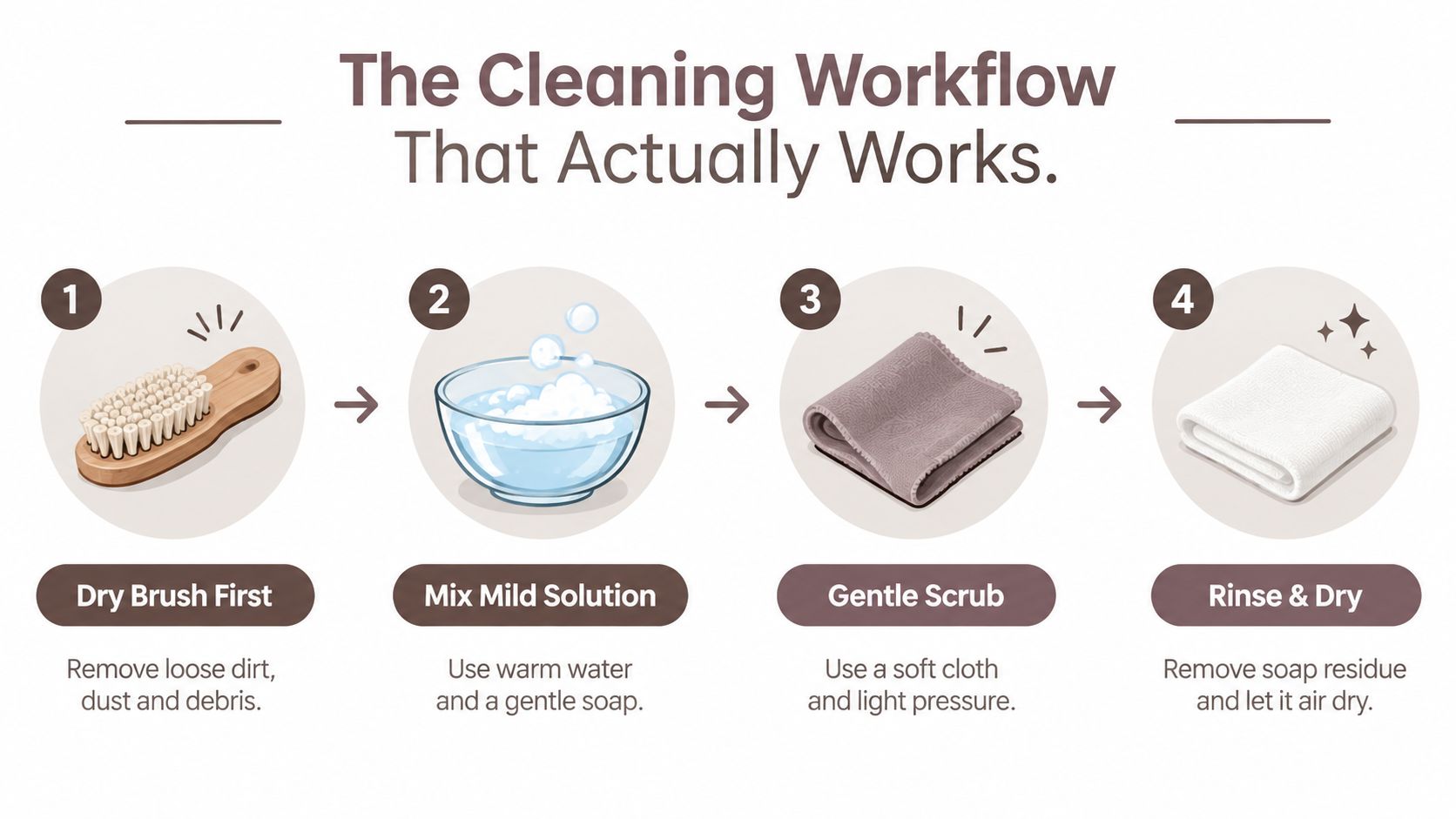 A four-step infographic showing the process for cleaning teak furniture using a brush, soap, and cloth.