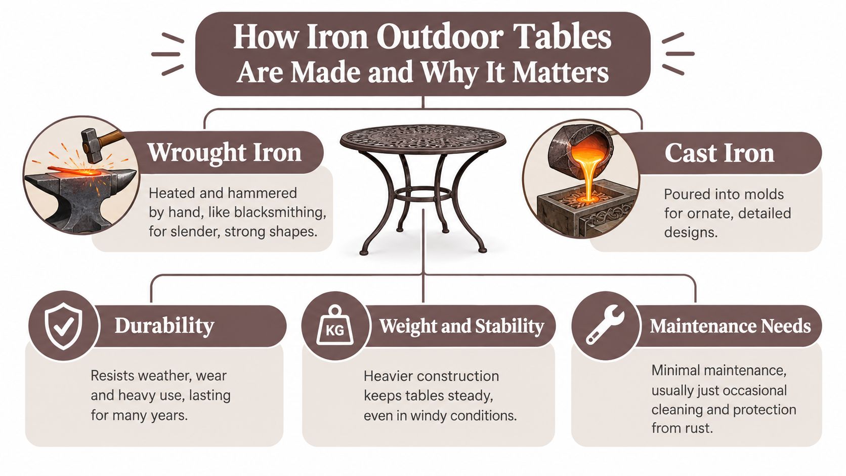 An infographic showing the manufacturing processes of wrought iron and cast iron outdoor tables.