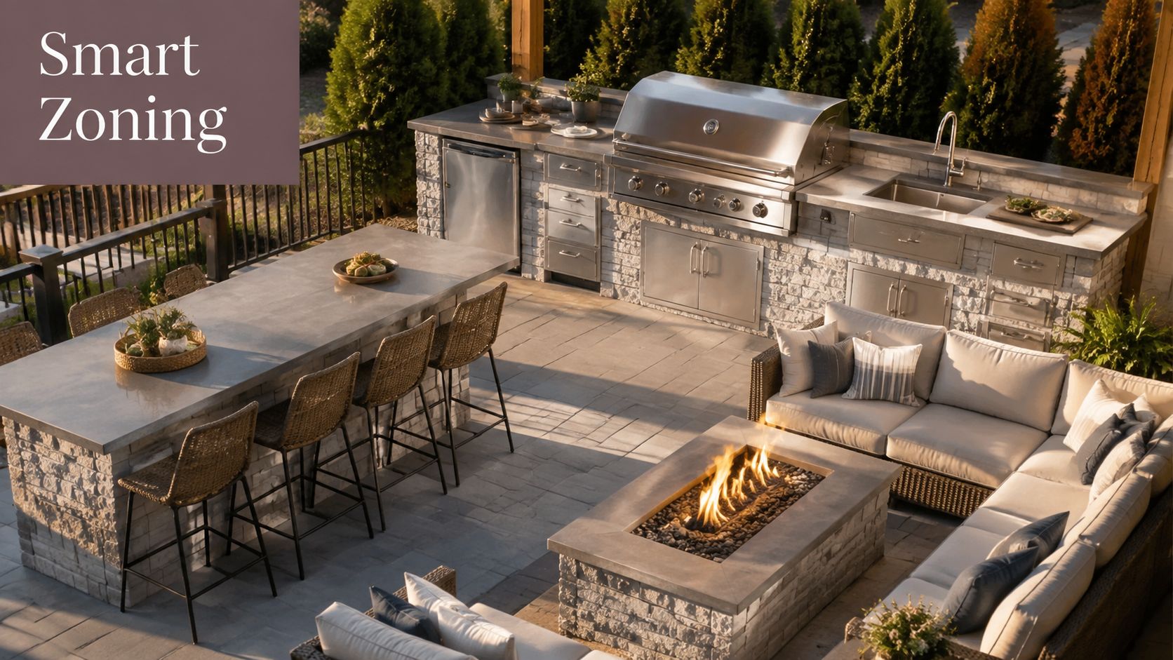 A modern outdoor kitchen with a stone island, seating, fire pit, and professional grill on a patio.