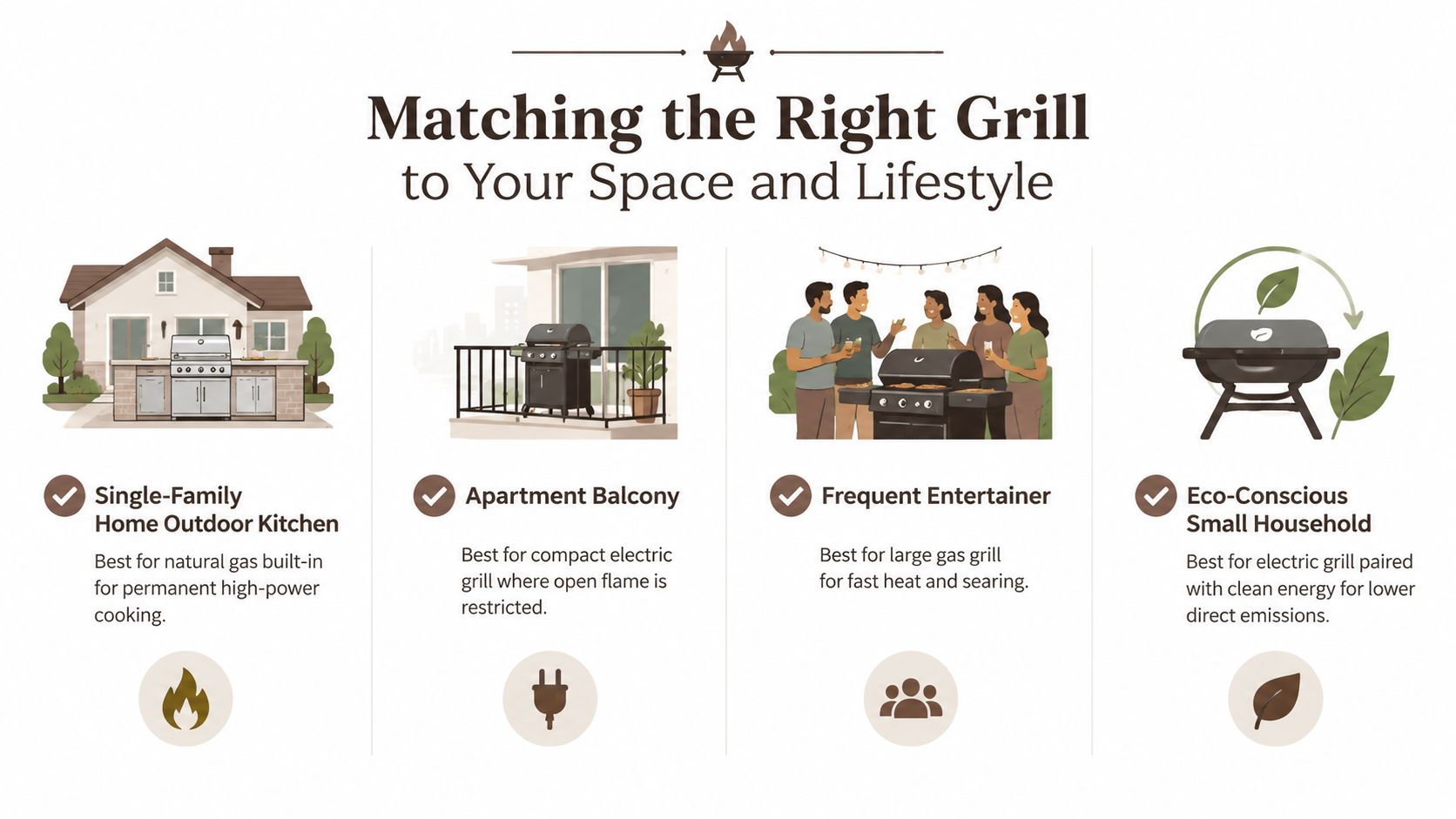 An infographic illustrating four types of grill options suitable for various living spaces and lifestyle needs.