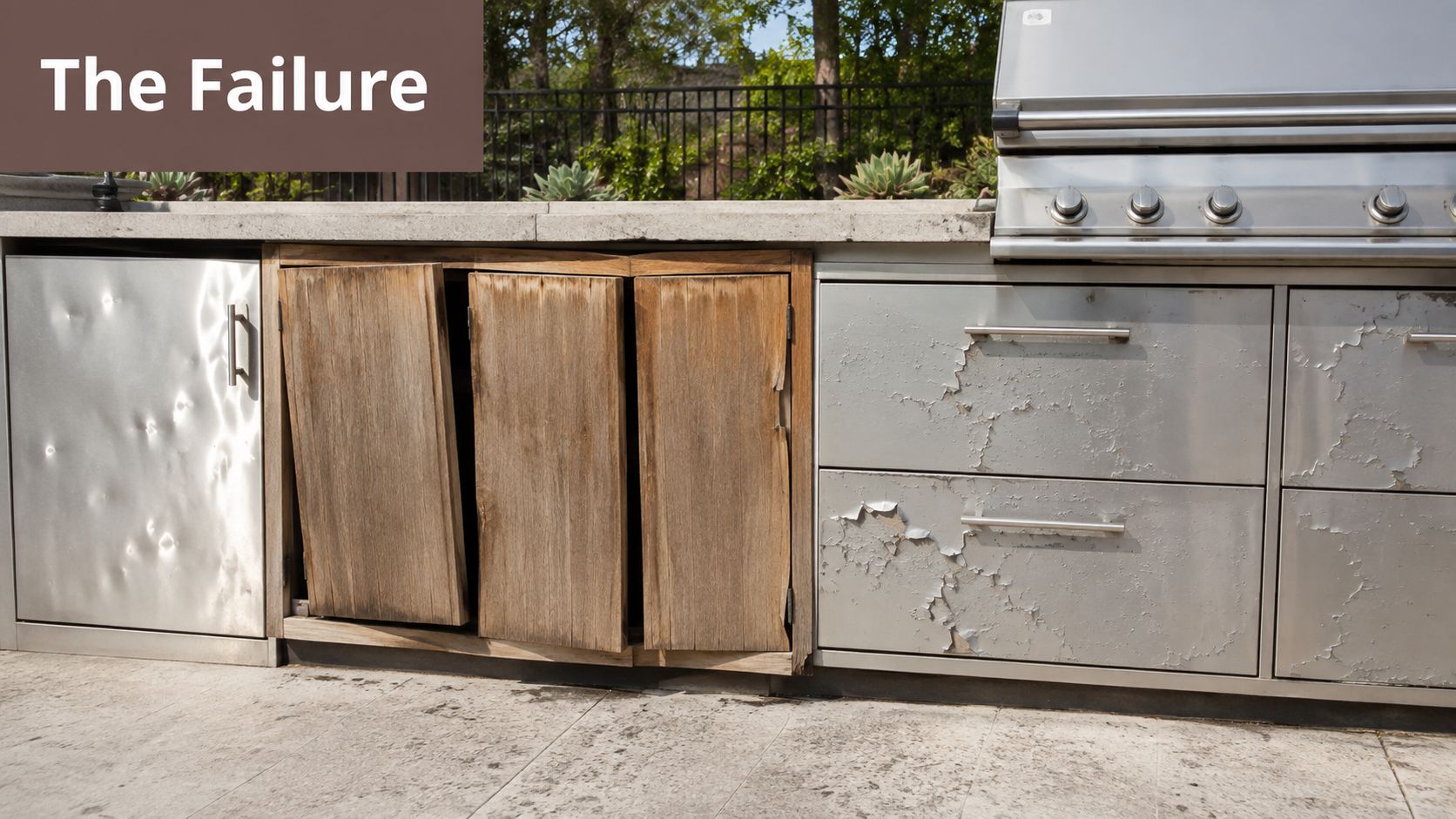 Damaged outdoor stainless steel cabinet doors and weathered wooden panels under an outdoor kitchen grill station.