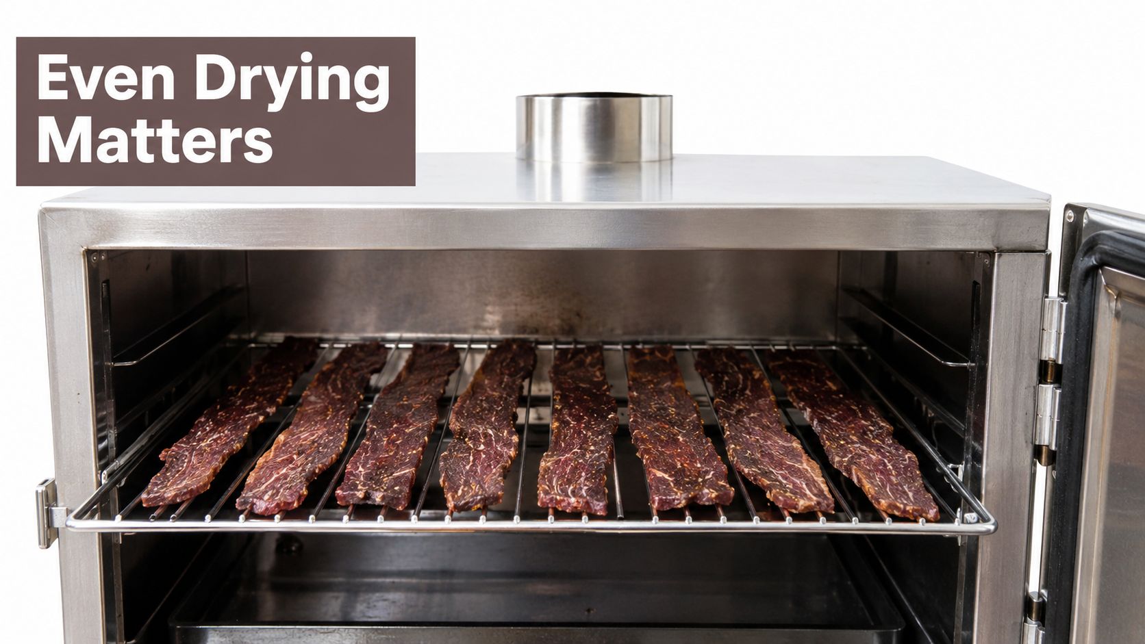 A stainless steel dehydrator or smoker filled with raw meat strips arranged on a metal rack.