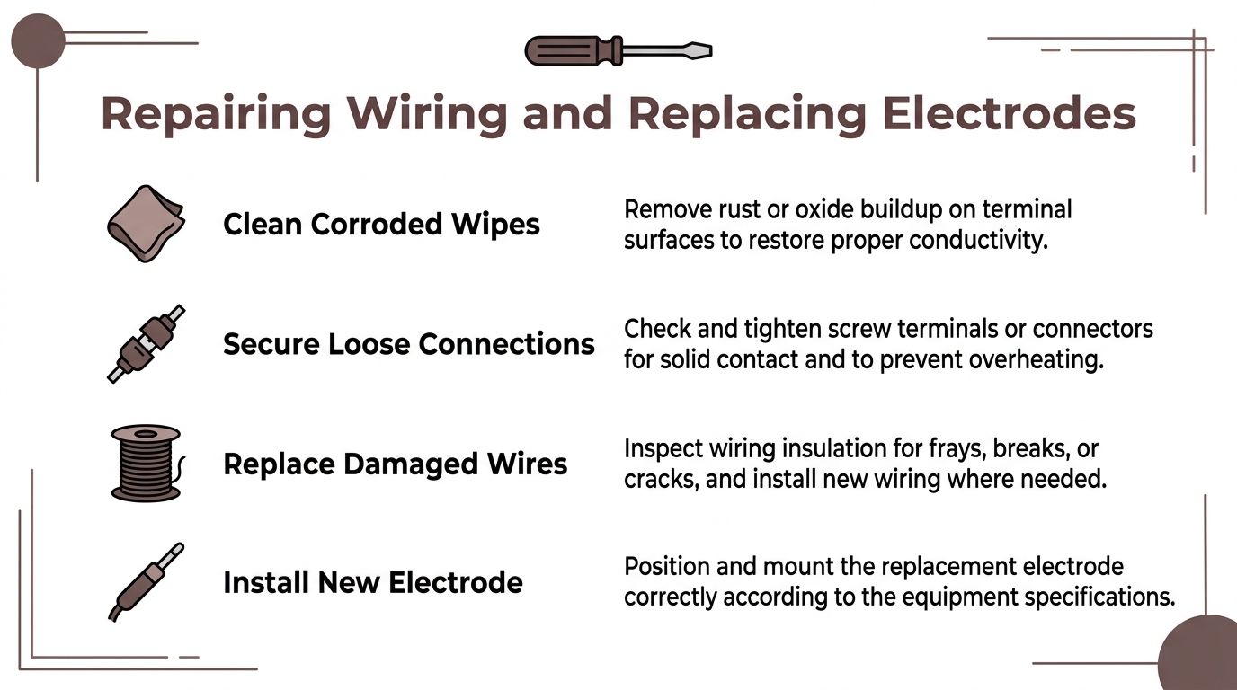 An instructional infographic detailing steps for repairing wiring and replacing electrodes on electrical equipment.