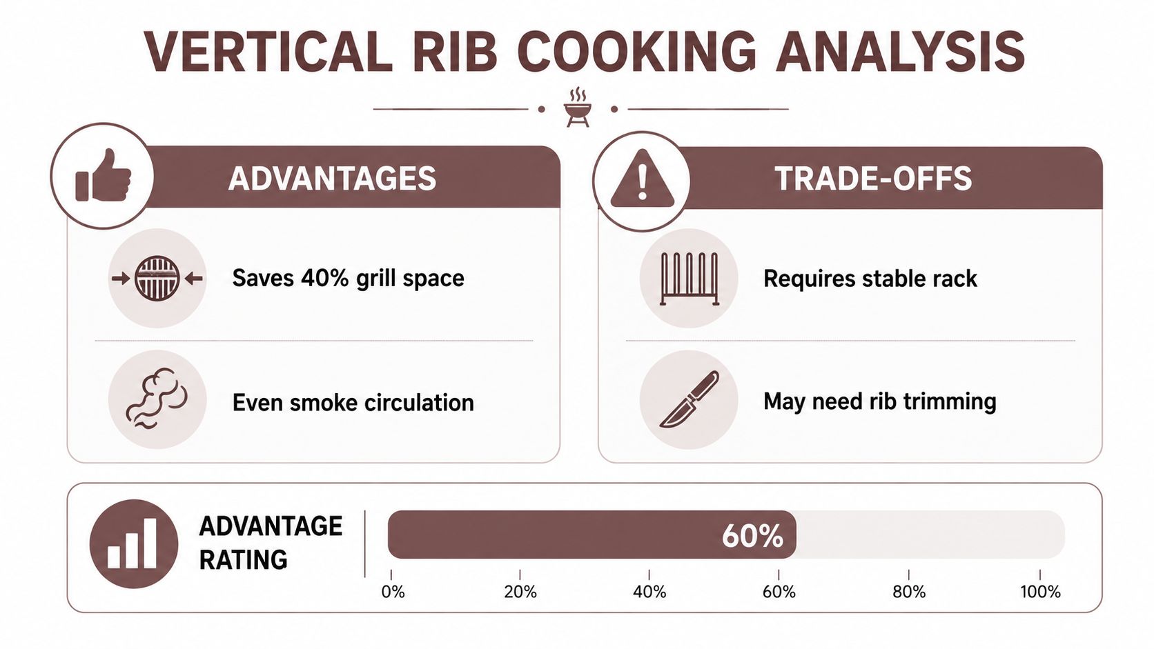 An infographic analyzing the pros and cons of vertical rib cooking, showing a 60% advantage rating.