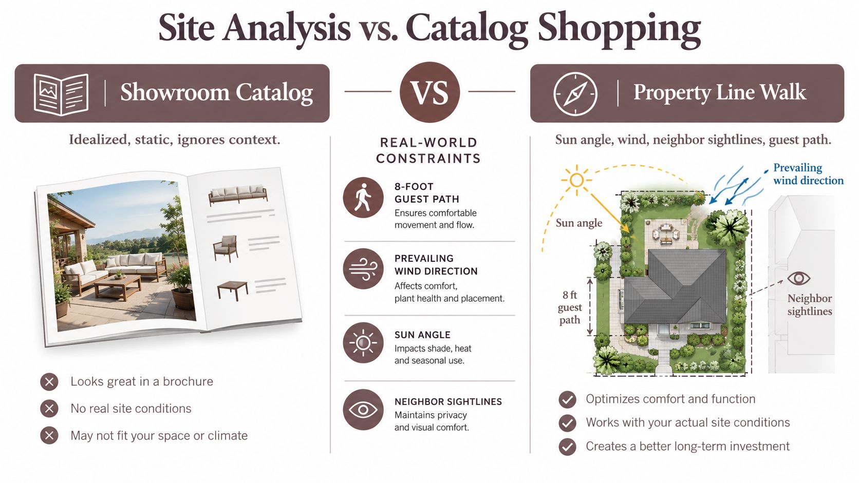 An infographic comparing showroom catalog shopping versus performing a site analysis for landscape planning and furniture placement.