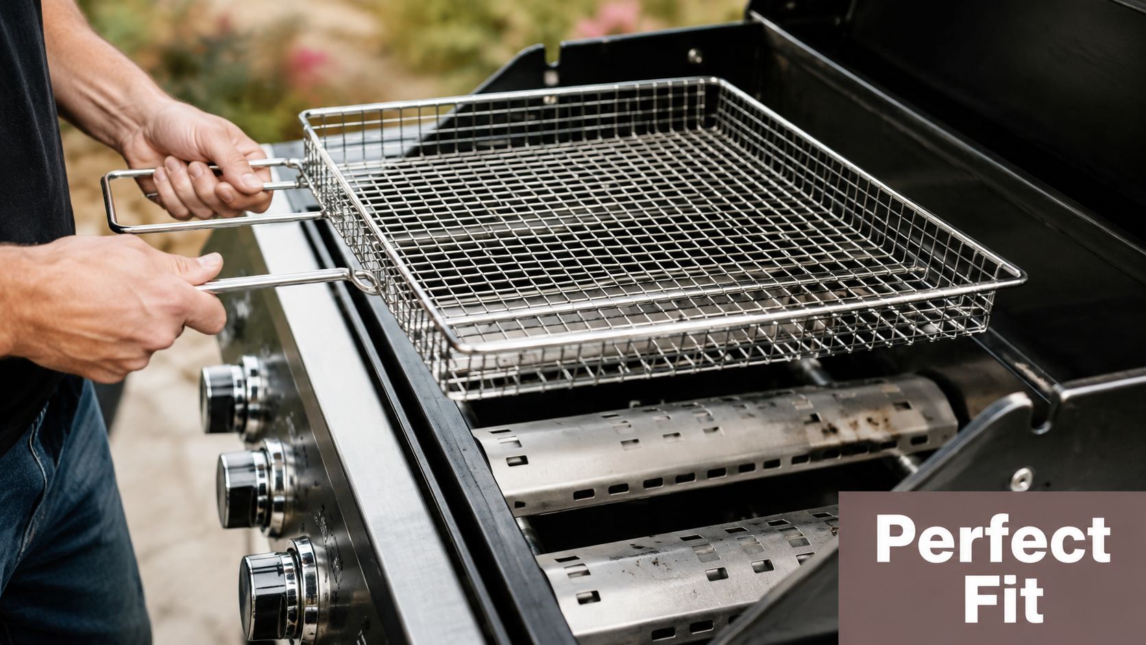 A person holding a stainless steel barbecue basket over the grates of a gas grill.