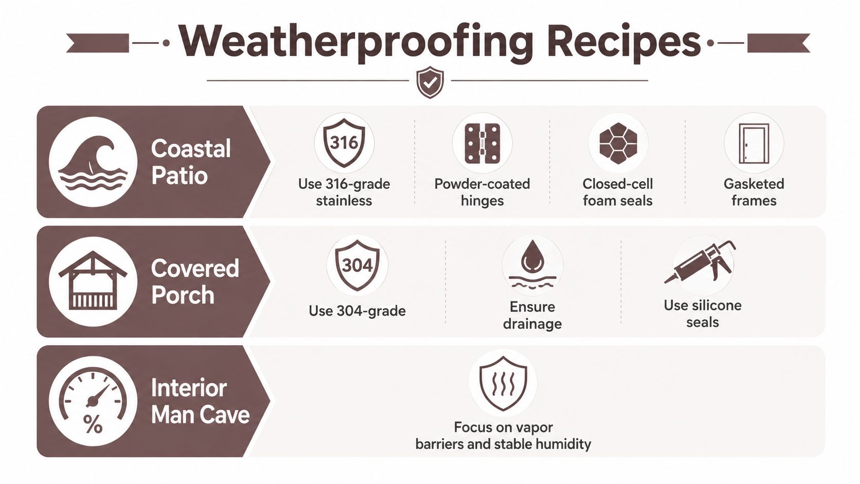 An infographic titled Weatherproofing Recipes outlining material and sealing requirements for outdoor and indoor installation environments.
