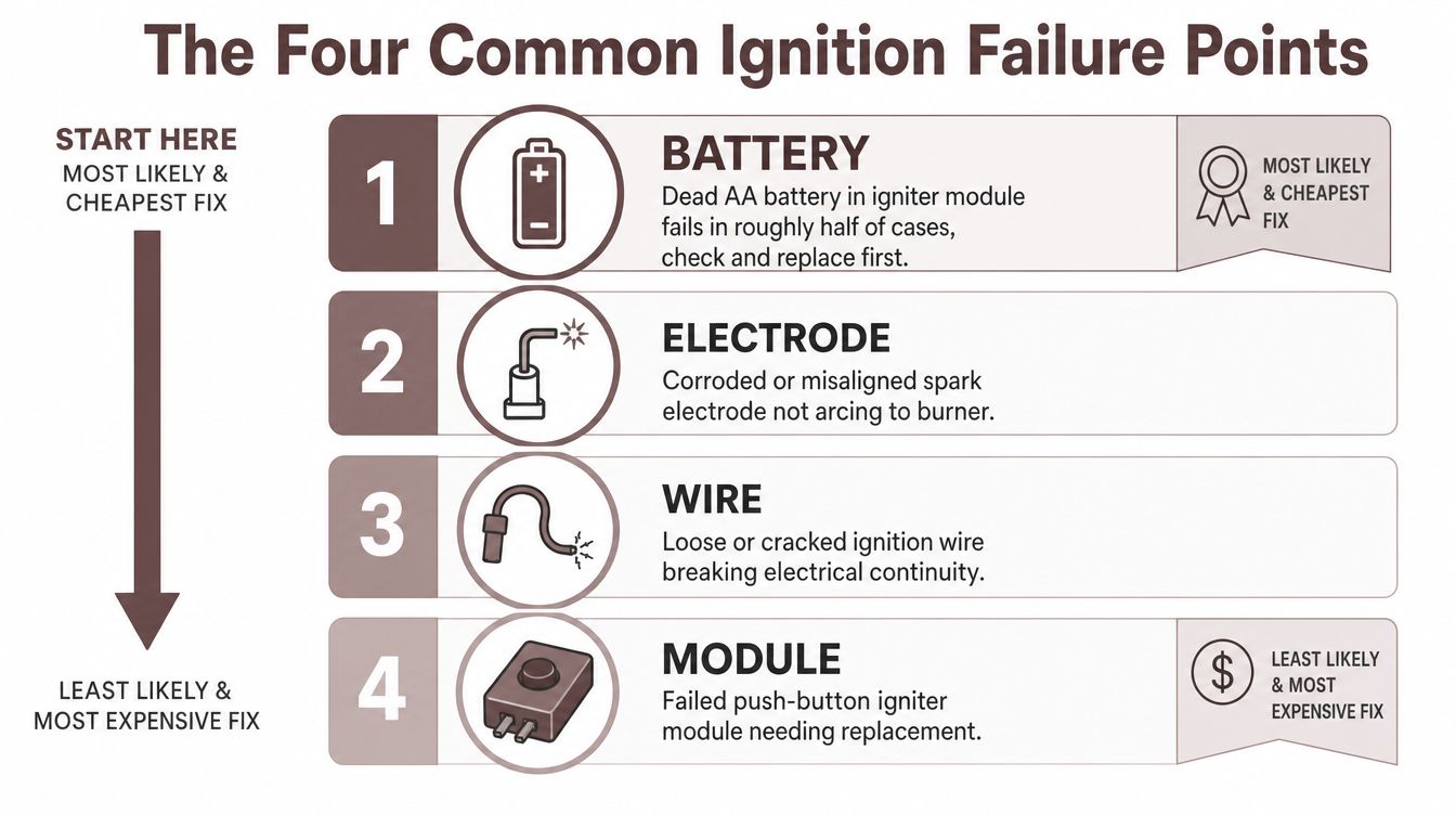 A guide showing the four common ignition failure points for a gas grill, ranked by likelihood.