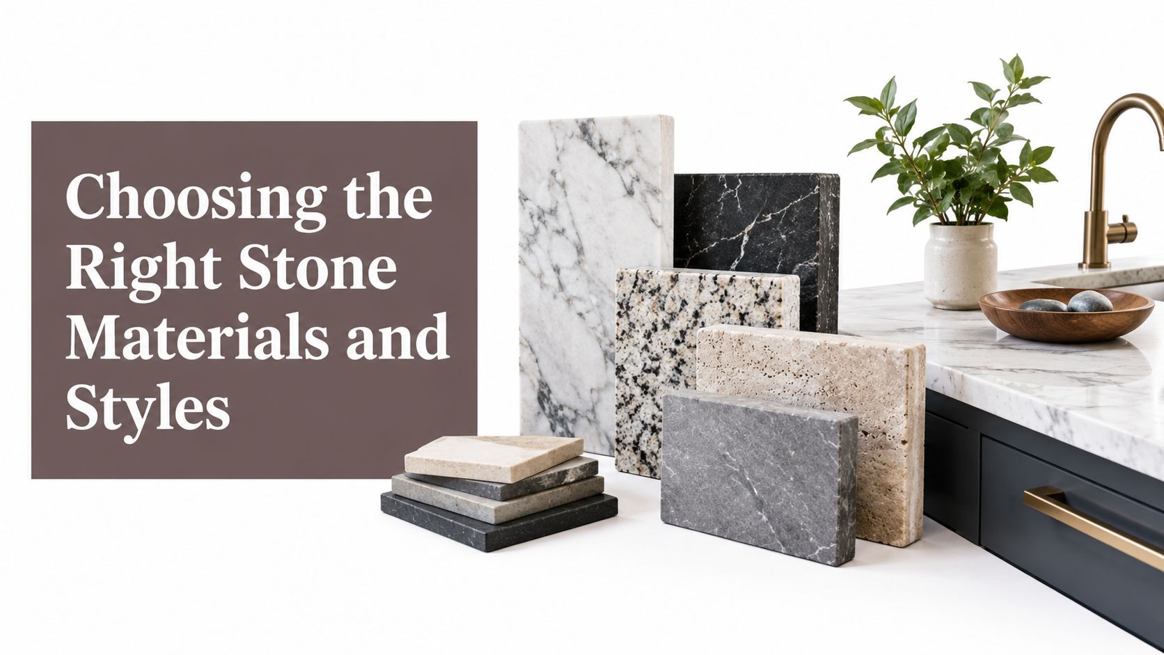 A collection of various natural stone material samples displayed on a white countertop next to a sink.