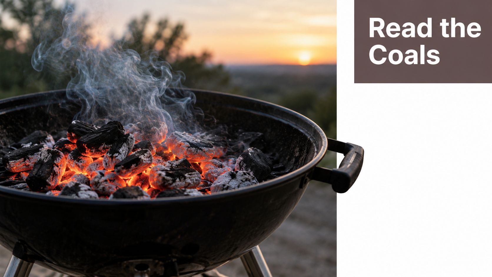 A charcoal grill with glowing hot coals producing wispy smoke during a beautiful sunset outdoors.