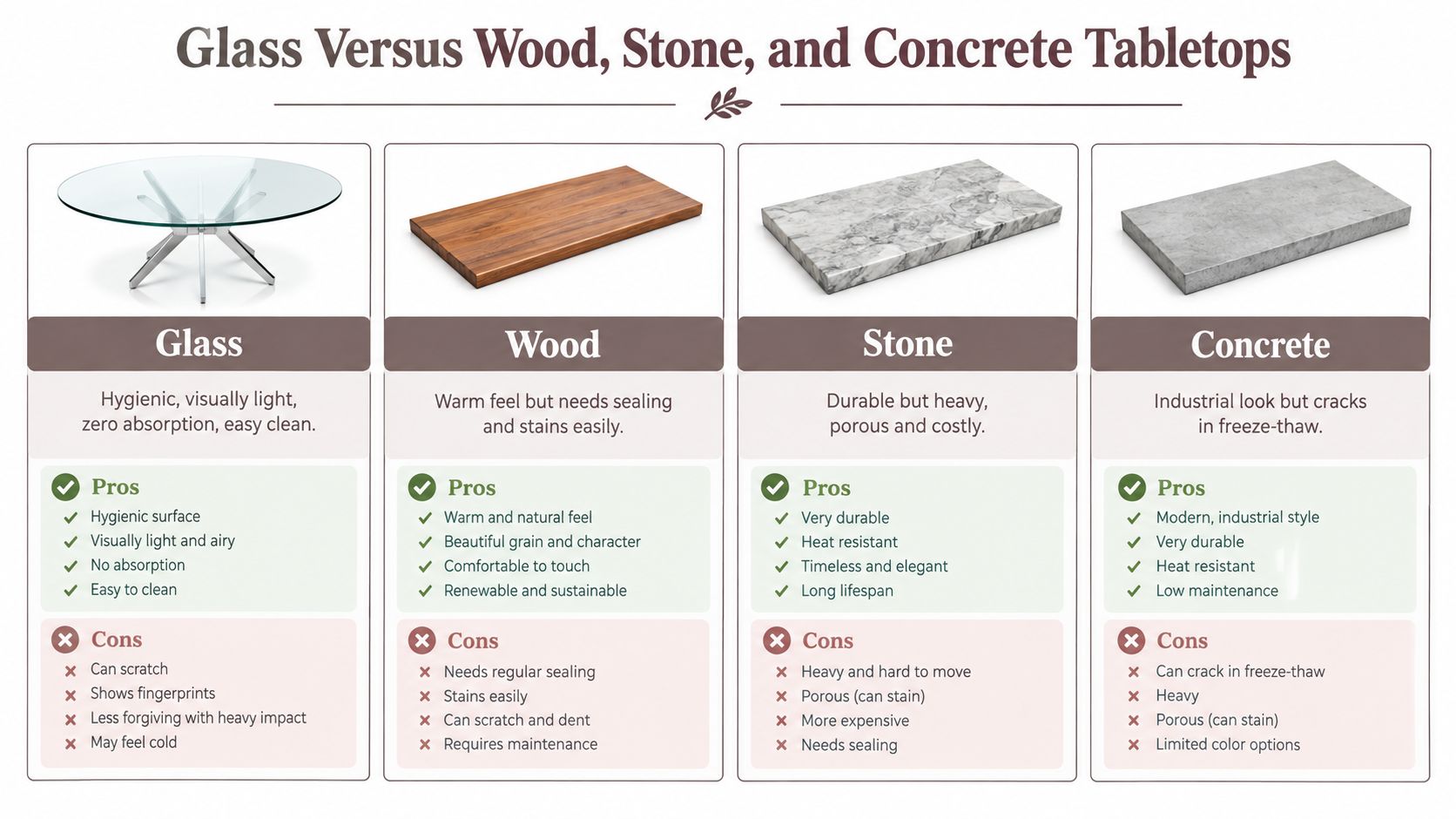 A comparison chart outlining the pros and cons of glass, wood, stone, and concrete tabletop materials.
