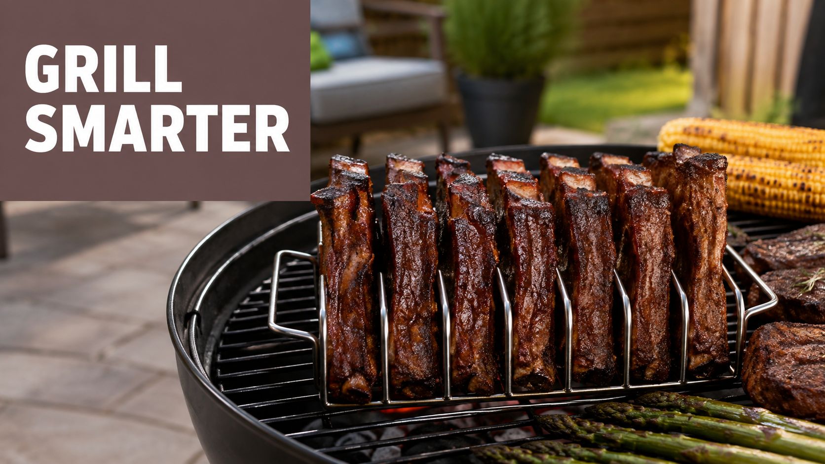 A rib rack holding succulent pork ribs grilling on a charcoal barbecue surrounded by corn and asparagus.