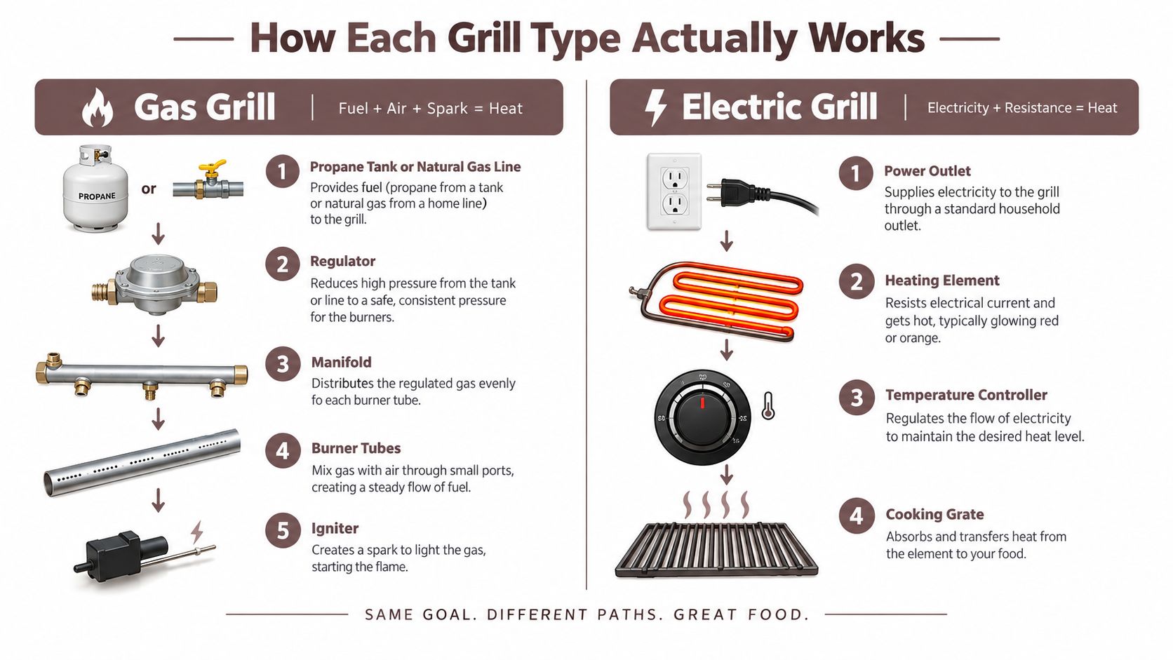 An infographic diagram comparing the inner workings and components of gas grills and electric grills side-by-side.