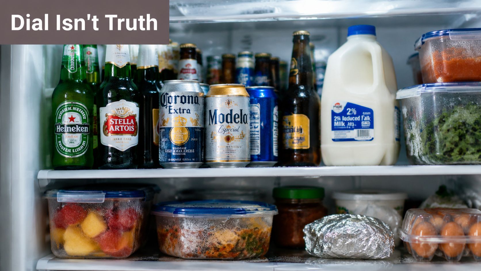 A refrigerator shelf stocked with various beer bottles, cans, a milk jug, and containers of fresh food.