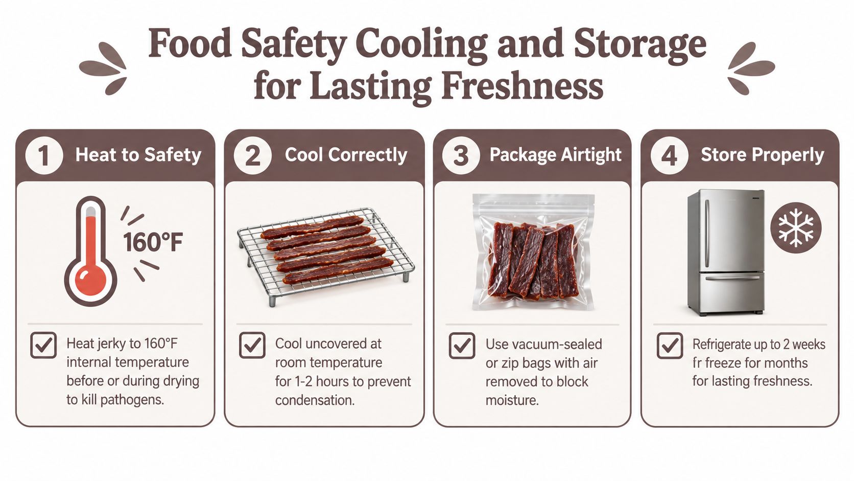 An infographic titled Food Safety Cooling and Storage for Lasting Freshness providing four steps for handling homemade beef jerky.