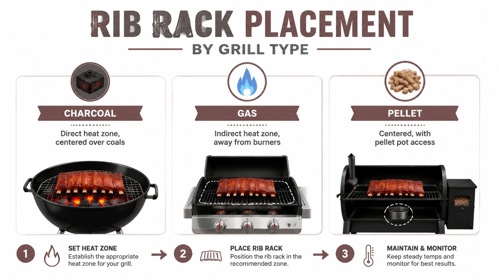 An infographic showing proper rib rack placement on charcoal, gas, and pellet grills for optimal cooking.