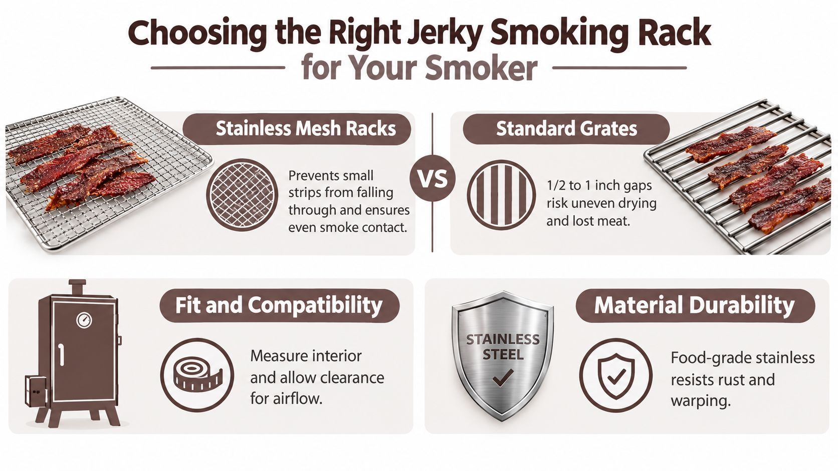 An infographic comparing stainless mesh racks to standard grates for smoking jerky in a smoker.
