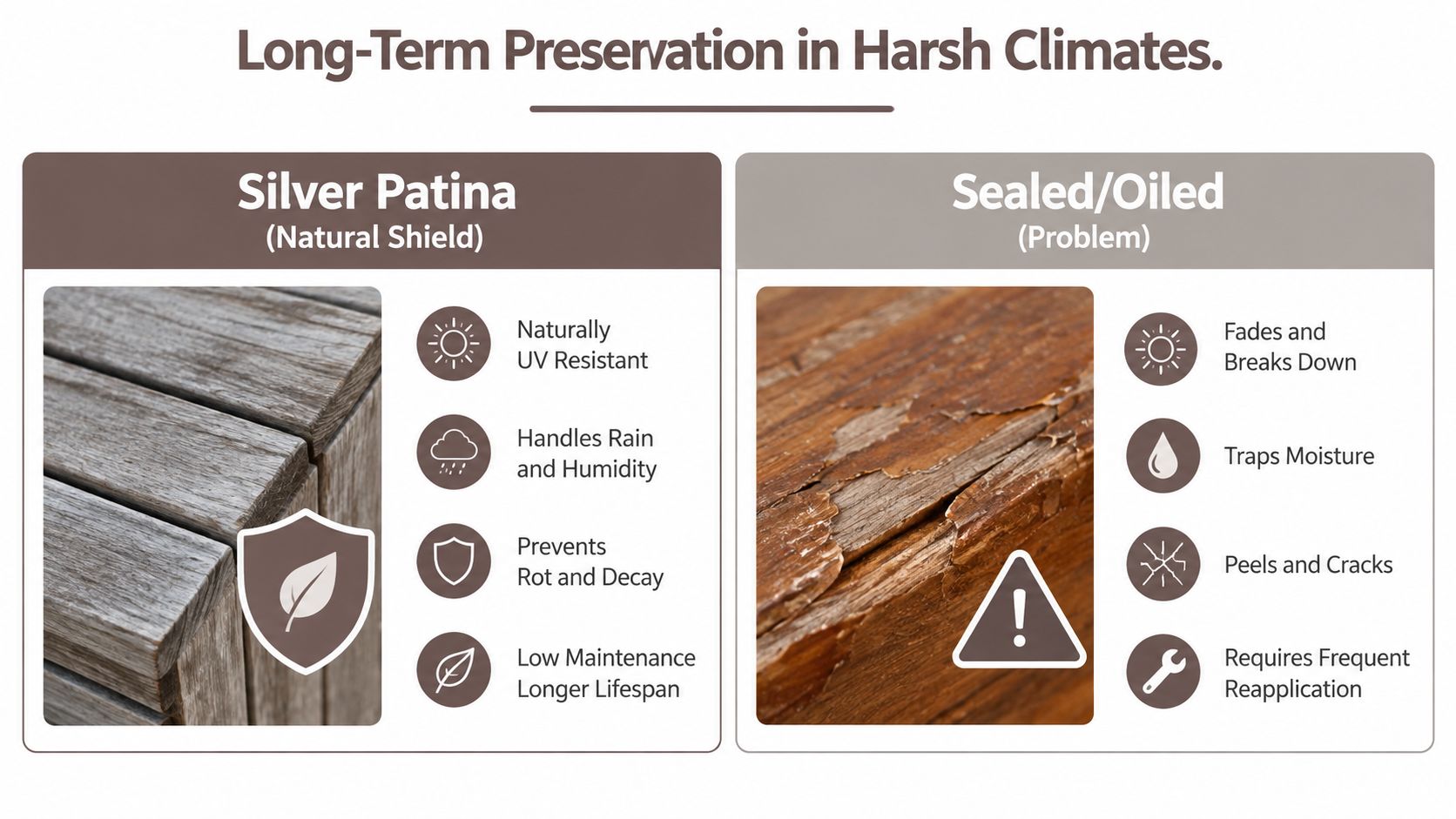 A comparison chart showing the benefits of silver patina on teak versus the problems of sealed or oiled finishes.