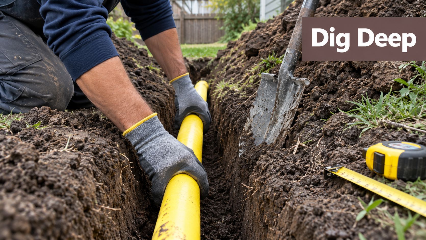 A worker in gloves laying a yellow gas pipe in a dirt trench for outdoor utility installation.