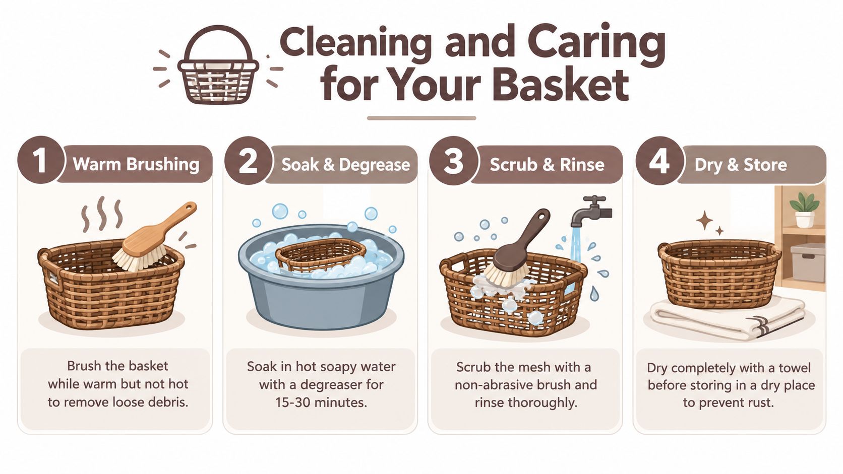 An infographic showing four simple steps to clean and care for a woven wire barbecue rotisserie basket.