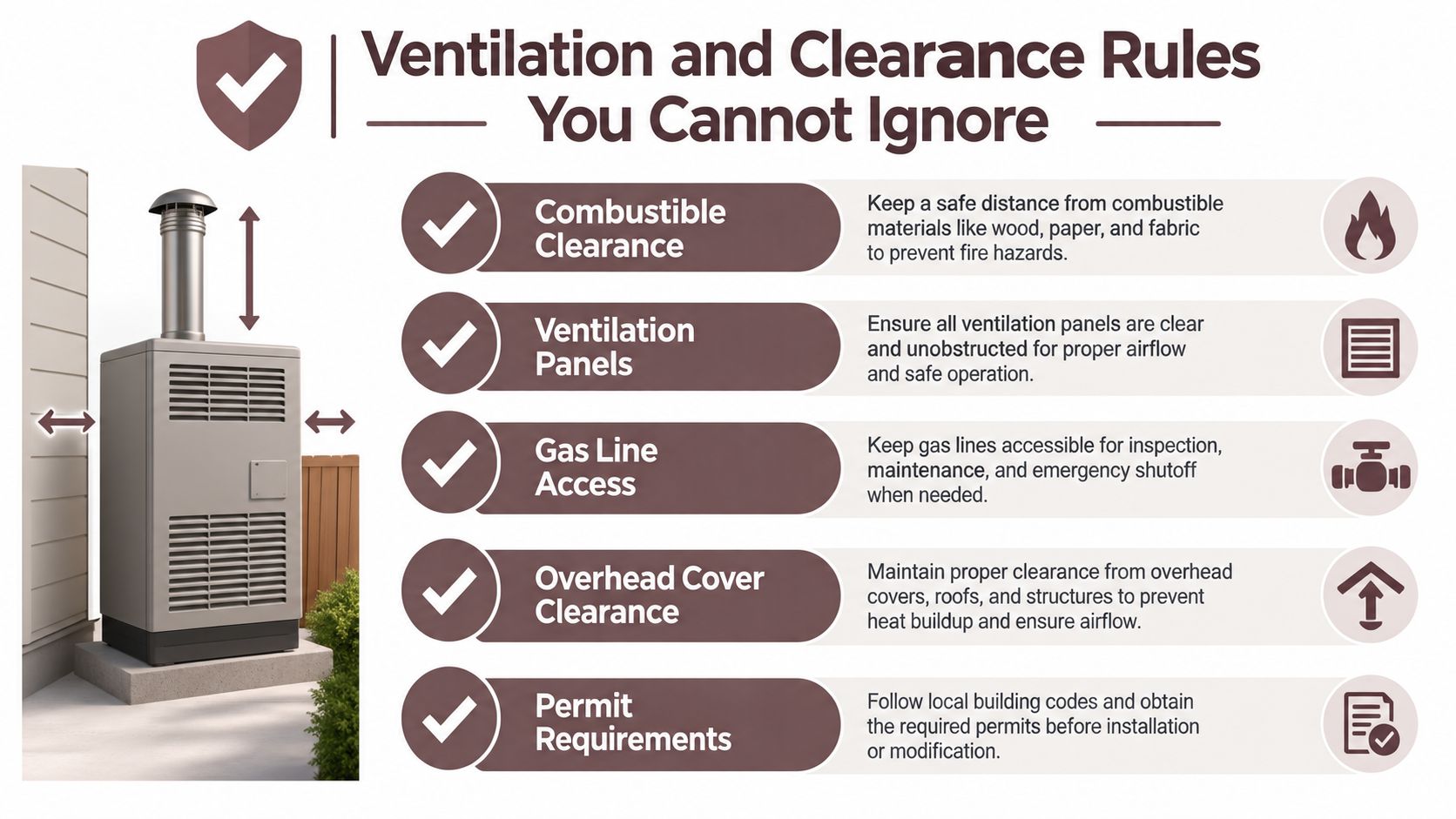 An infographic showing essential safety ventilation and clearance rules for outdoor appliances like generators or grill installations.