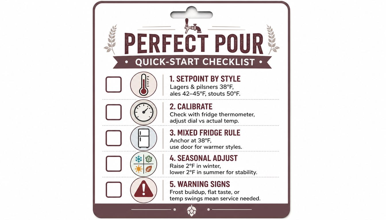A quick-start checklist infographic for maintaining optimal beer fridge temperatures using five simple maintenance steps.