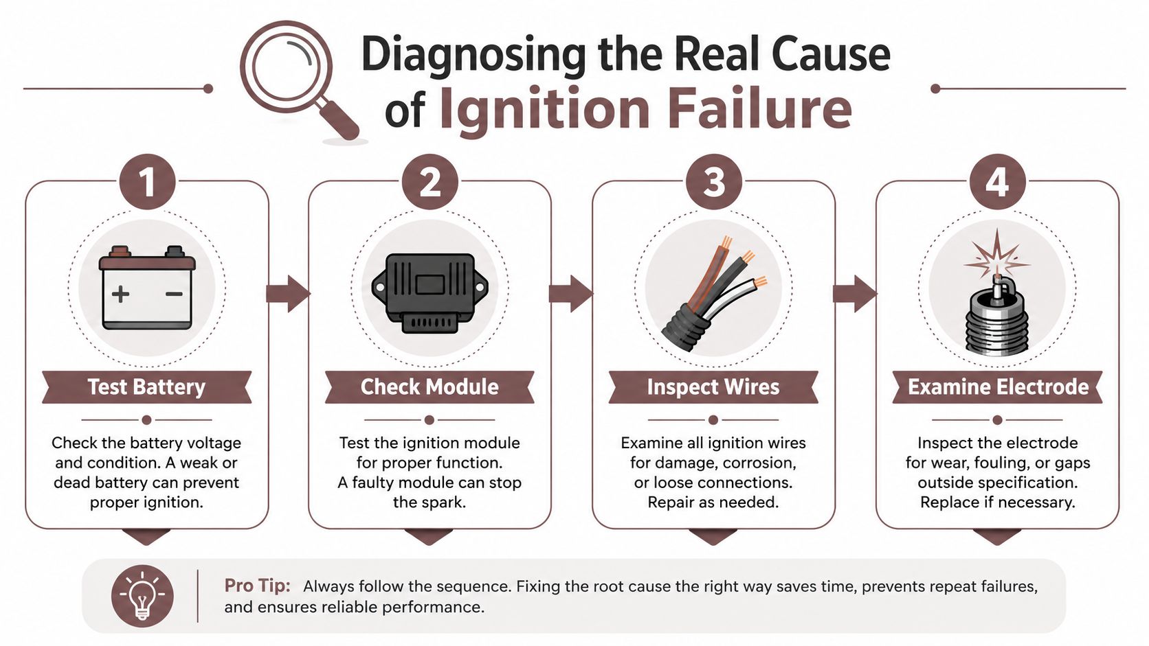 A four-step infographic illustrating the professional process for diagnosing and repairing a gas grill ignition failure.