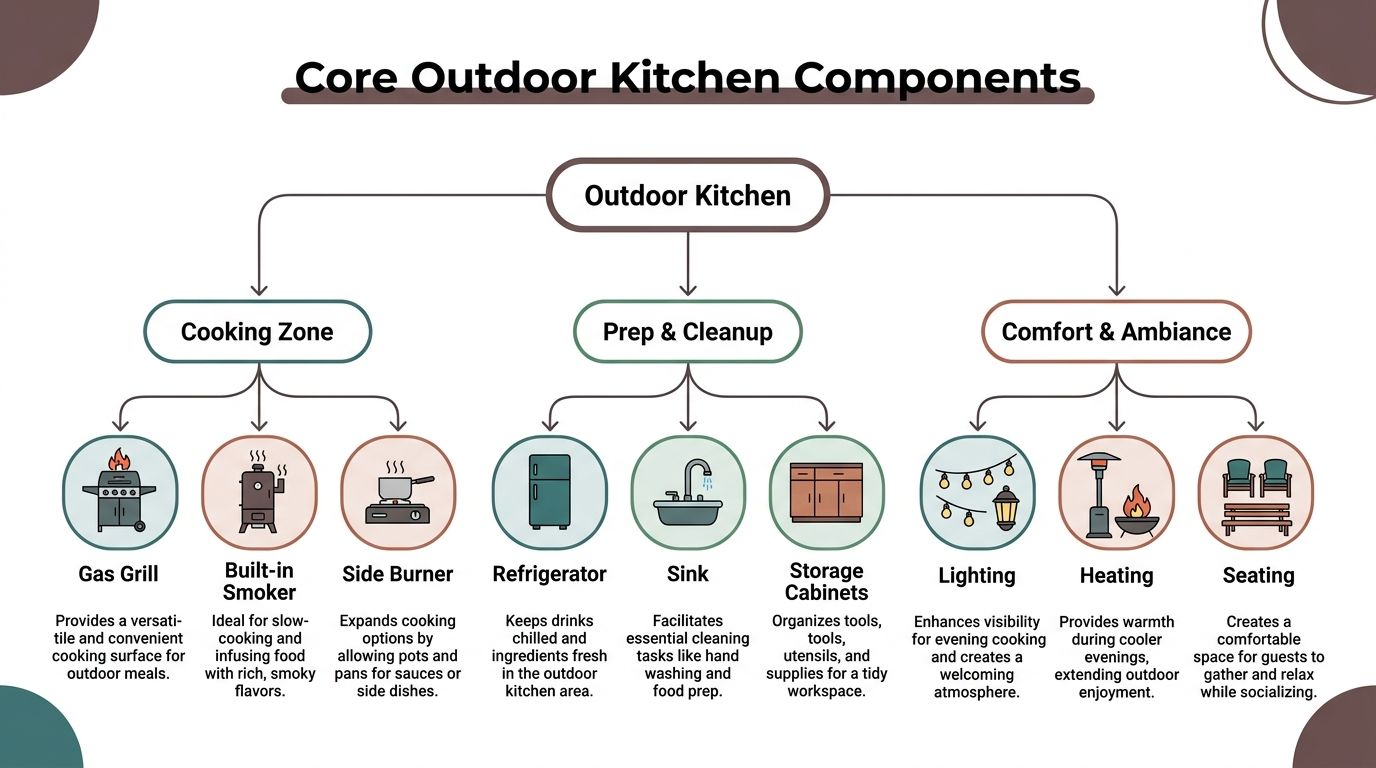 A diagram outlining core outdoor kitchen components categorized into cooking zone, prep and cleanup, and comfort and ambiance.