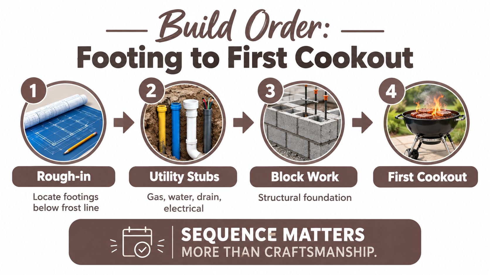 A construction infographic detailing the four-step build order from initial planning to a backyard cookout.
