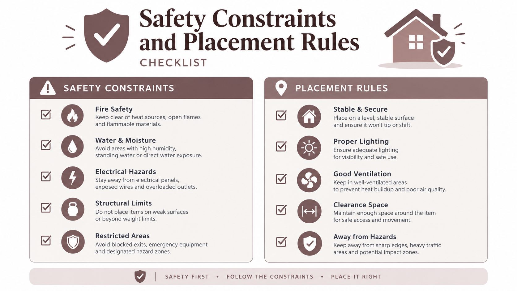 A safety checklist infographic displaying icons and text for fire, moisture, electrical, structural, and placement constraints.