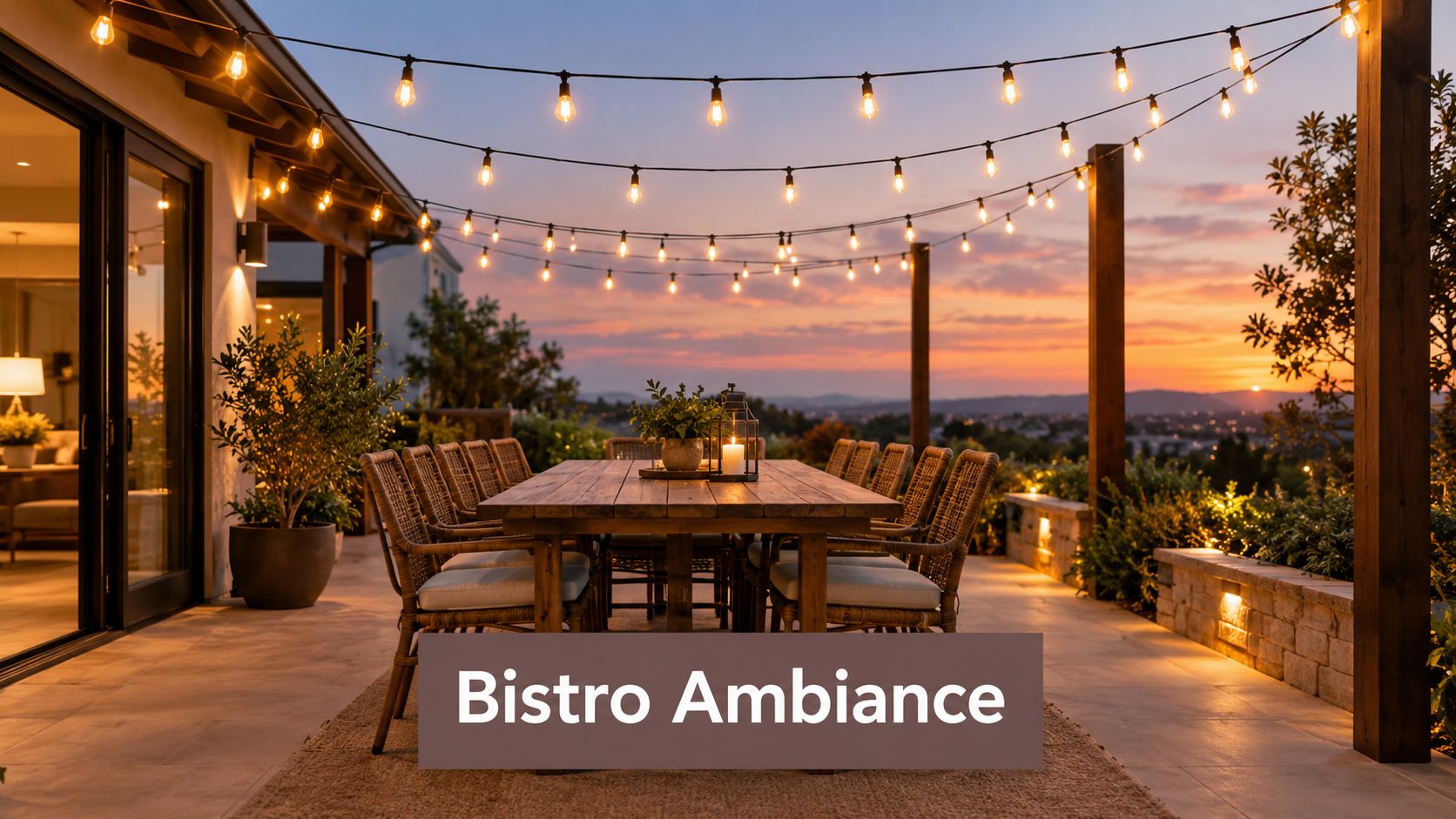 An elegant outdoor patio dining area at sunset featuring string lights above a rustic wooden table.