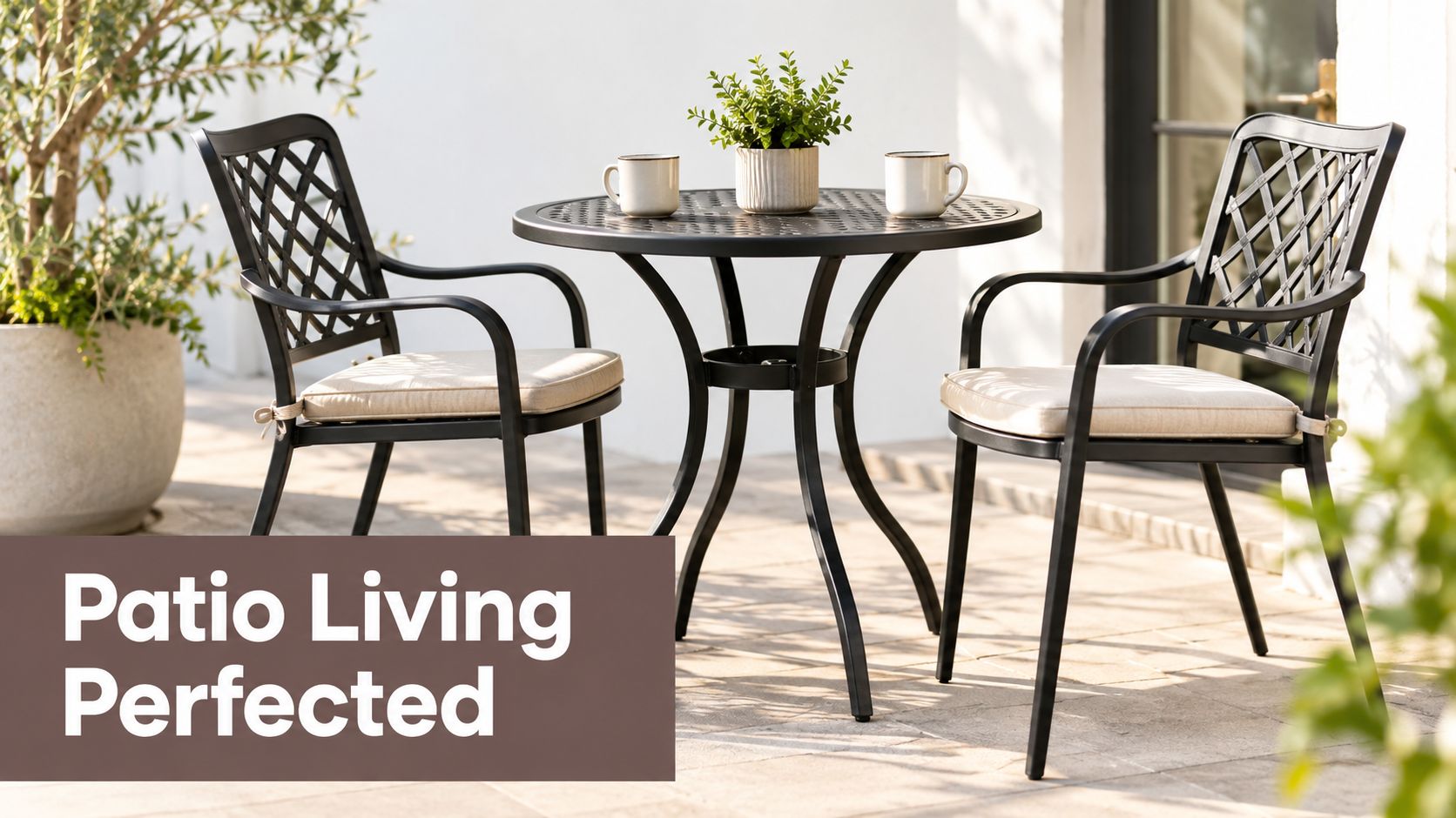 A black iron patio bistro set with two cushioned chairs and a round table on a stone patio.