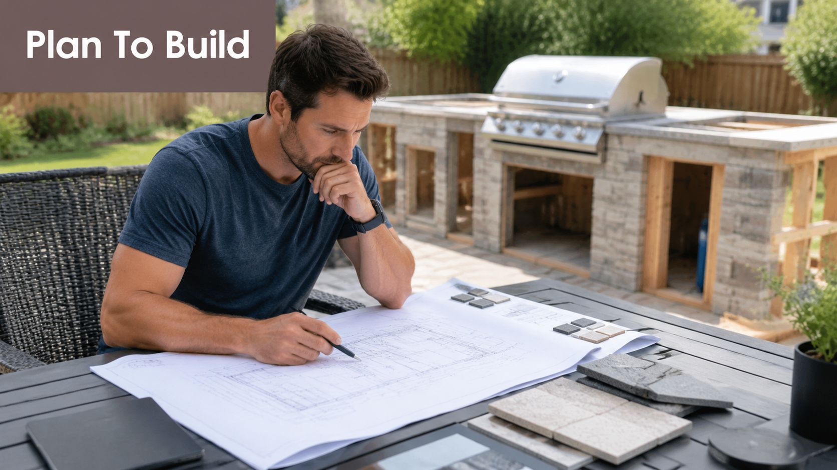 A man wearing a blue t-shirt reviews construction blueprints while sitting at a table with material samples.