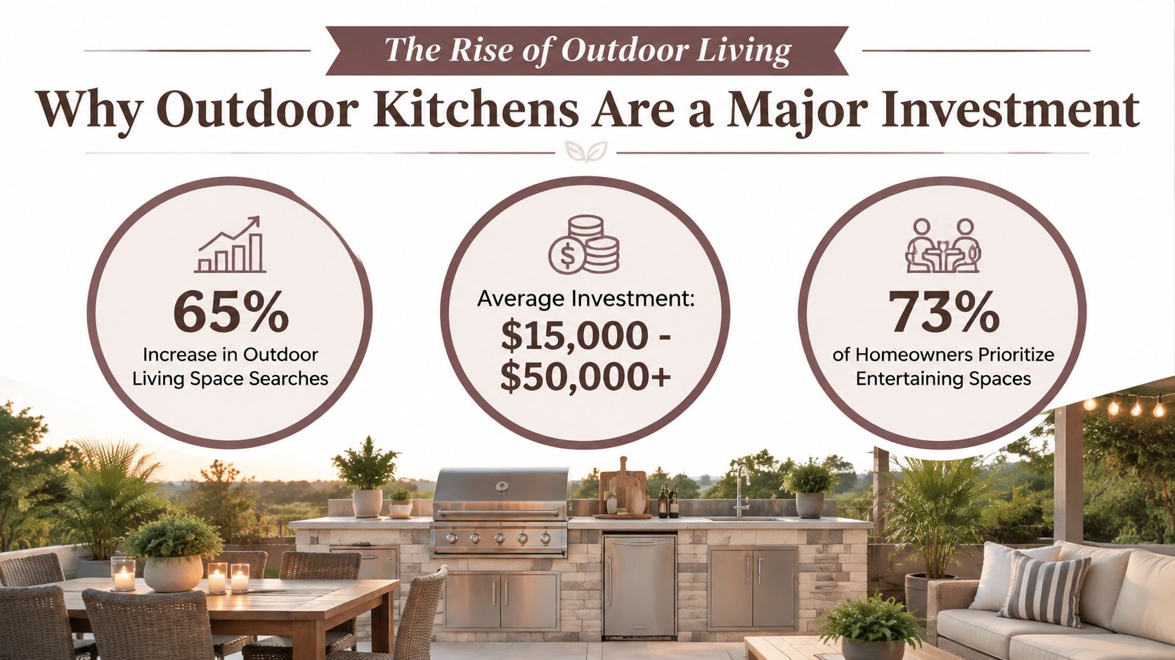 An infographic showing statistics about the rise in popularity and investment costs of outdoor kitchen spaces.