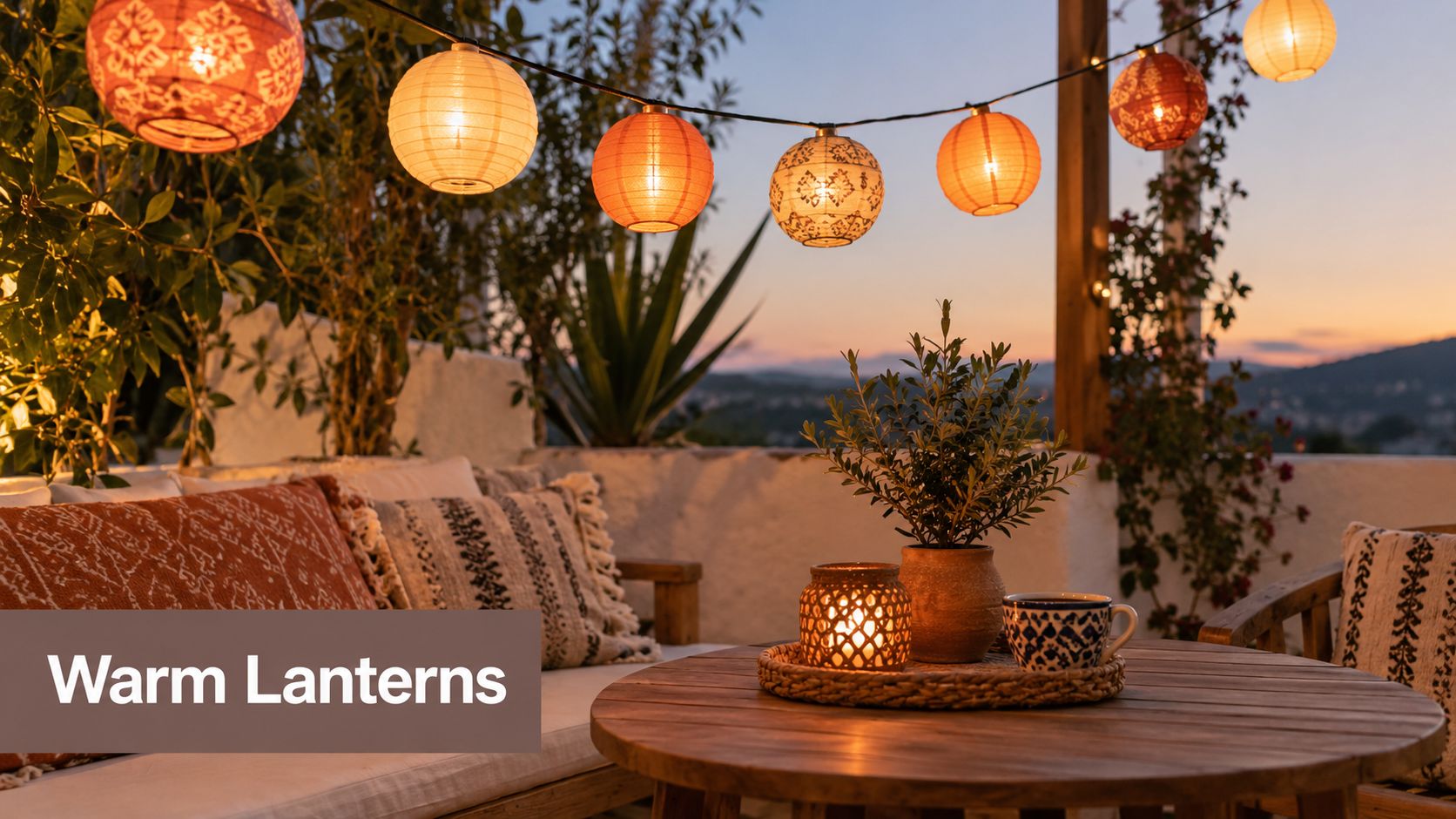 A cozy outdoor patio area featuring warm glowing paper lanterns strung above a wooden table at sunset.