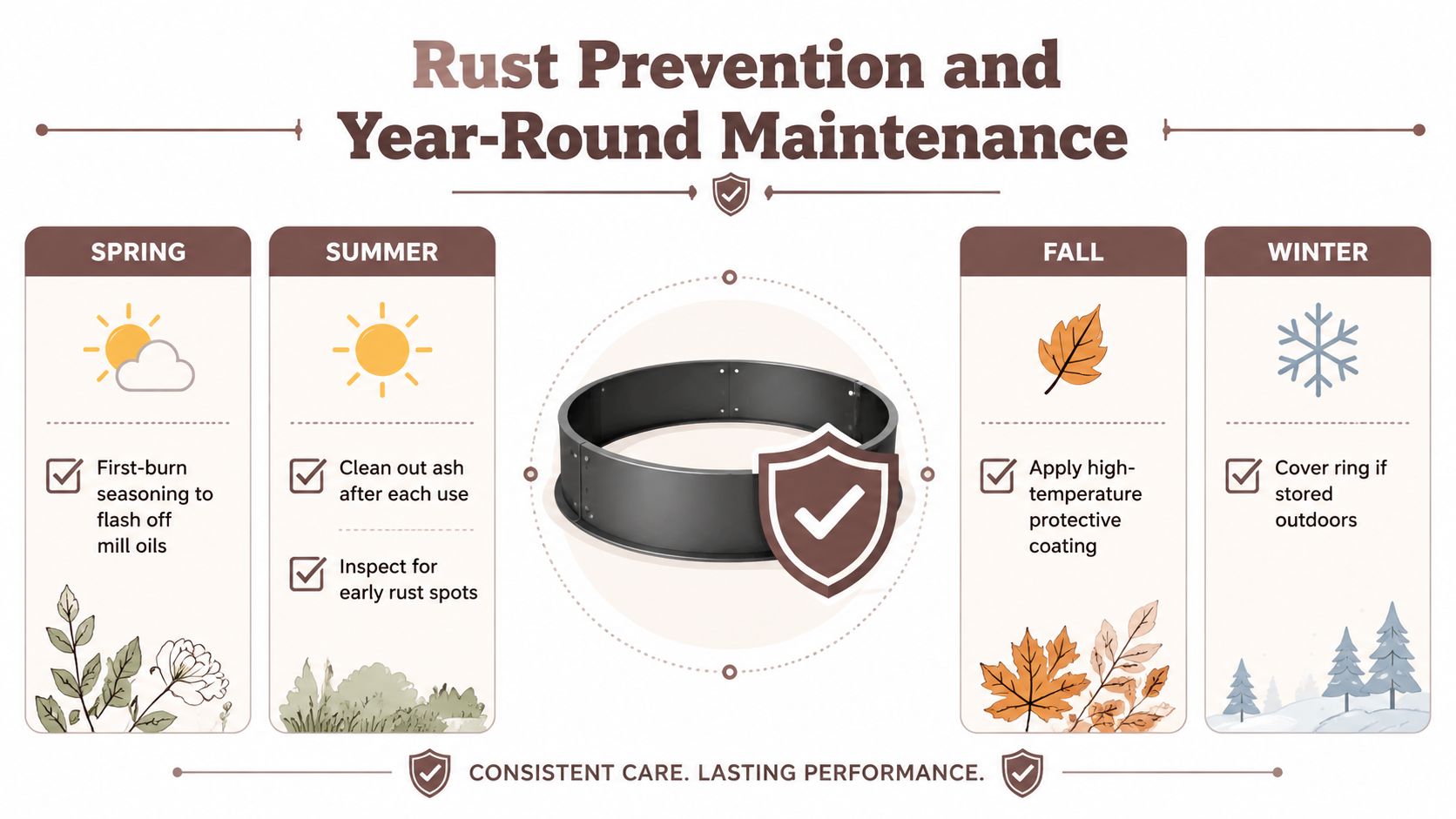 An infographic showing seasonal maintenance tips to prevent rust on a steel fire ring for year-round care.