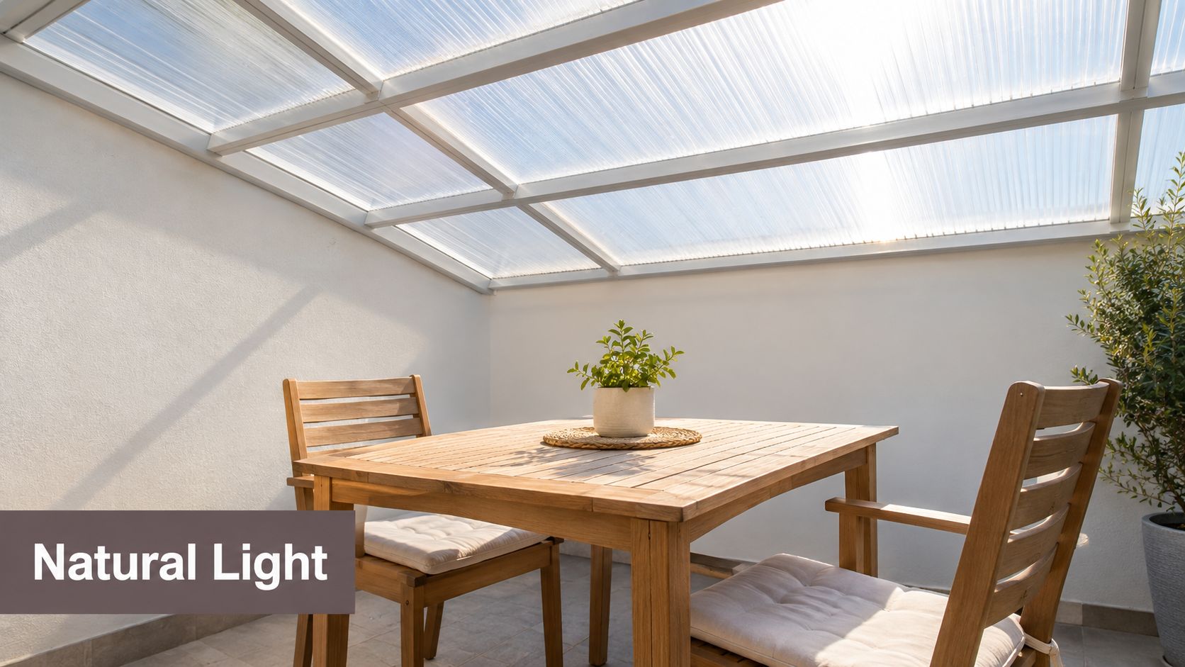 A modern outdoor patio featuring a wooden dining set under a translucent polycarbonate roof structure.