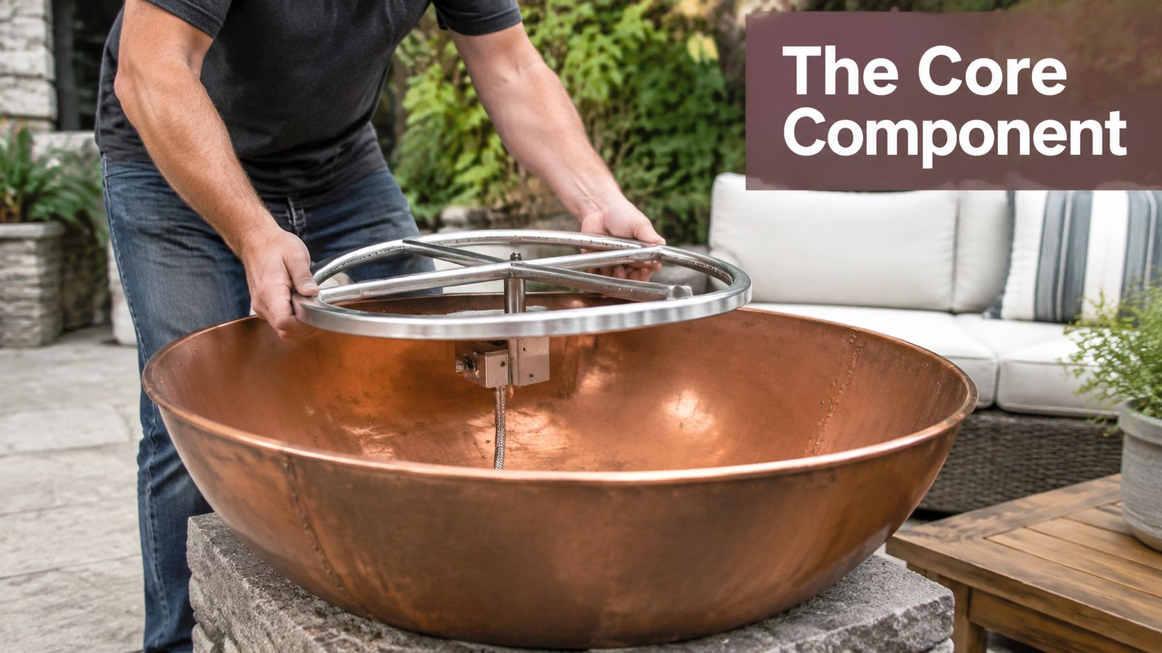 A person placing a circular stainless steel burner ring into a large copper fire pit bowl.