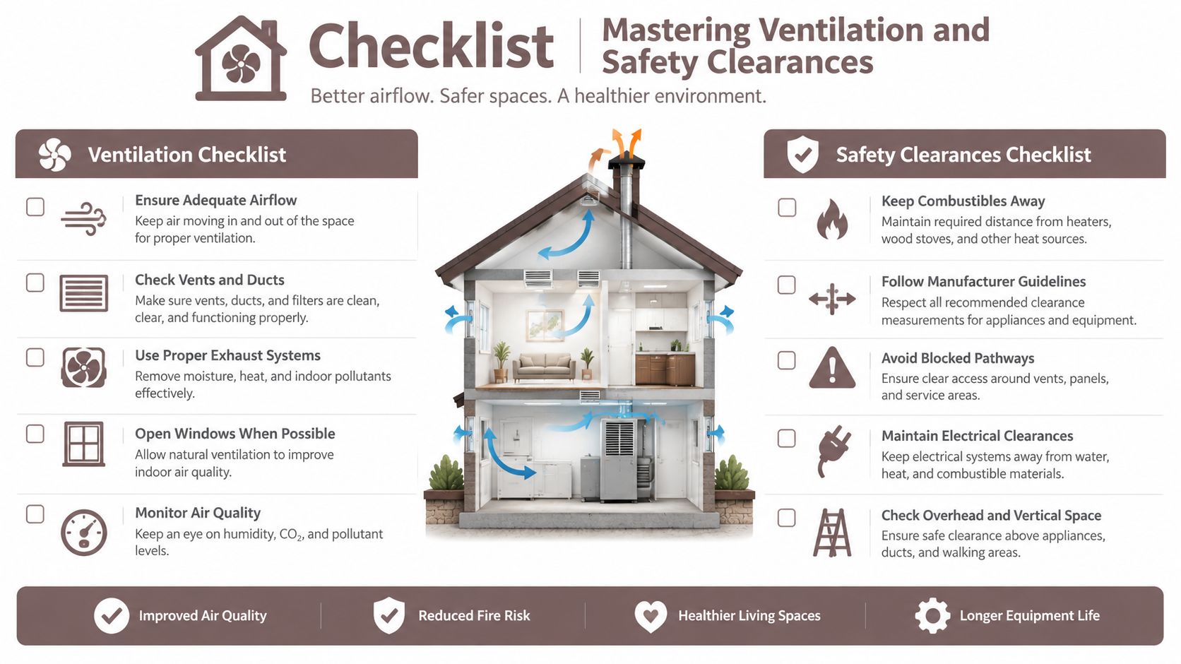 An infographic checklist titled Mastering Ventilation and Safety Clearances showing tips for home air quality and fire safety.