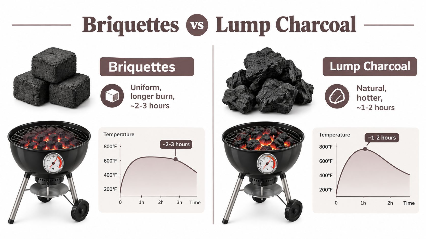 A comparison infographic showing the difference in burn time and temperature between briquettes and lump charcoal.