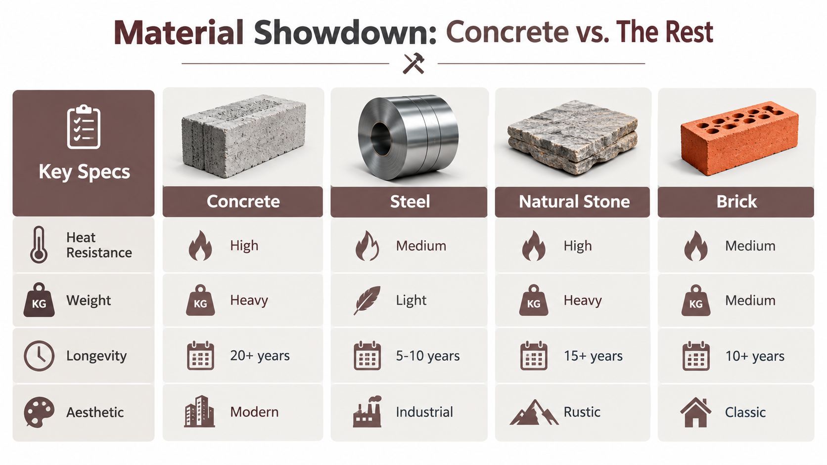 A comparison chart showing key specifications like heat resistance, weight, longevity, and aesthetics for concrete, steel, natural stone, and brick.