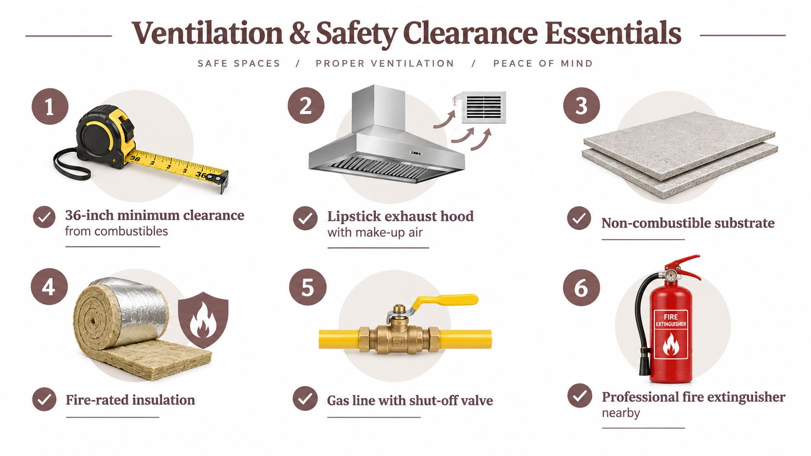 A safety infographic detailing six essential ventilation and fire prevention requirements for outdoor kitchen installations.