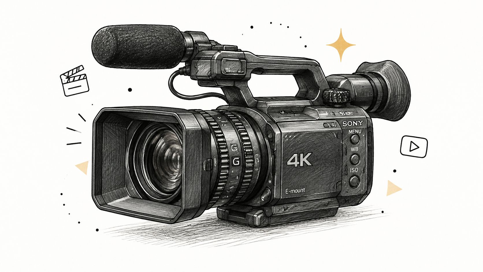 A detailed pencil sketch illustration of a professional Sony 4K video camera against a white background.