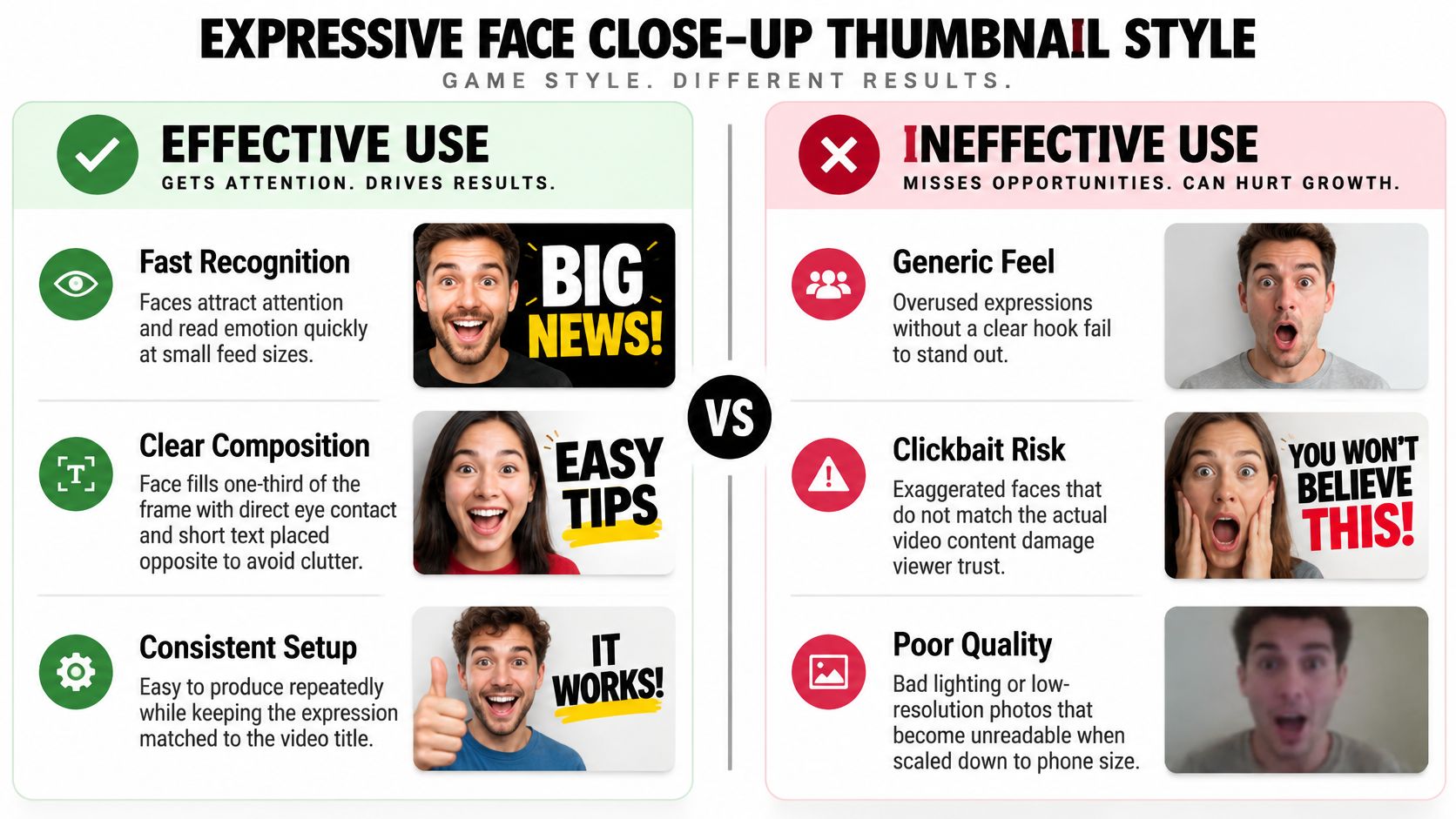 A comparative infographic showing effective and ineffective examples of expressive face close-up YouTube thumbnail design strategies.