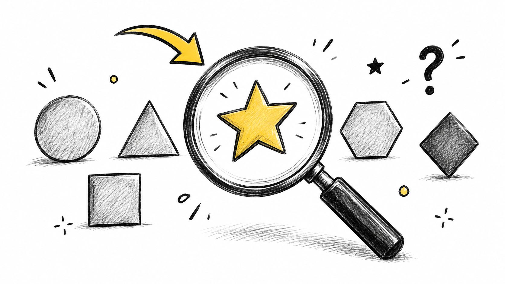 A magnifying glass focusing on a bright yellow star surrounded by various gray geometric shapes on paper.