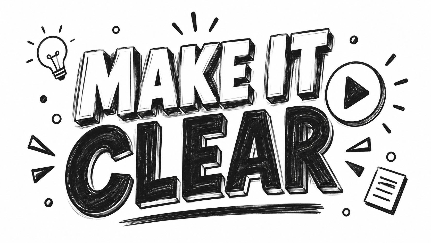 A hand-drawn style graphic with the text Make It Clear, featuring a lightbulb icon and play button.