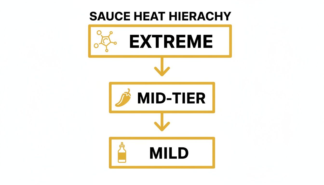 Diagram illustrating the sauce heat hierarchy, from extreme to mid-tier to mild, with icons.