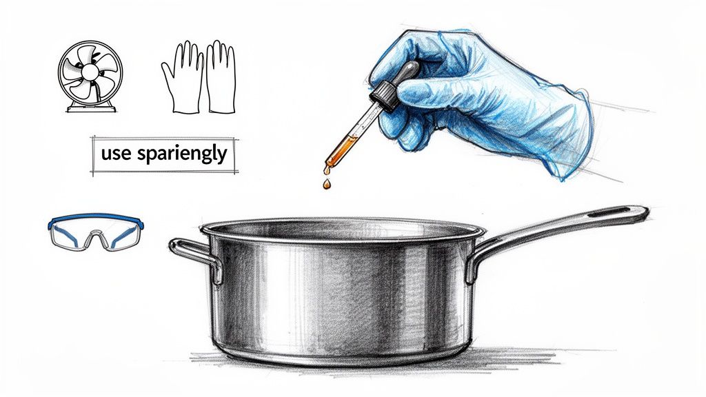 Illustration of safety equipment (fan, gloves, glasses) and a gloved hand carefully adding liquid to a pot.