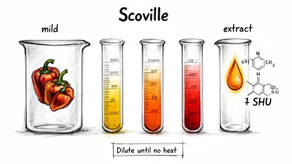 A diagram explaining the Scoville scale, illustrating pepper heat dilution and chemical extract.
