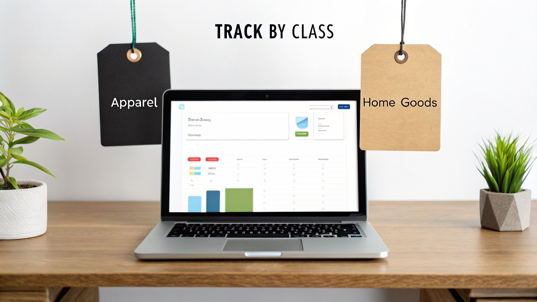Laptop on a wooden desk with a 'TRACK BY CLASS' title, displaying software, flanked by 'Apparel' and 'Home Goods' tags.